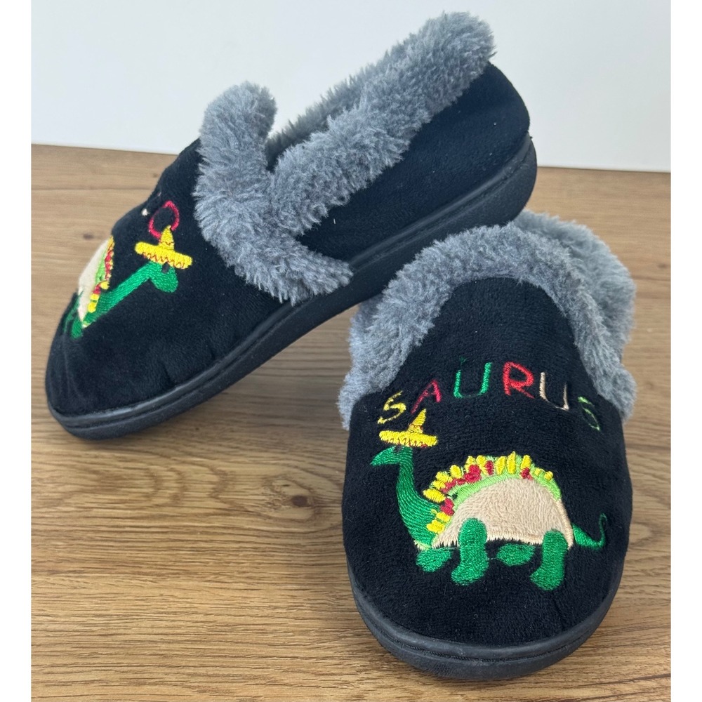 Wonder Nation Dinosaur Slippers Kids Size 9-10 Black Faux Fur Sombrero SAURUS
